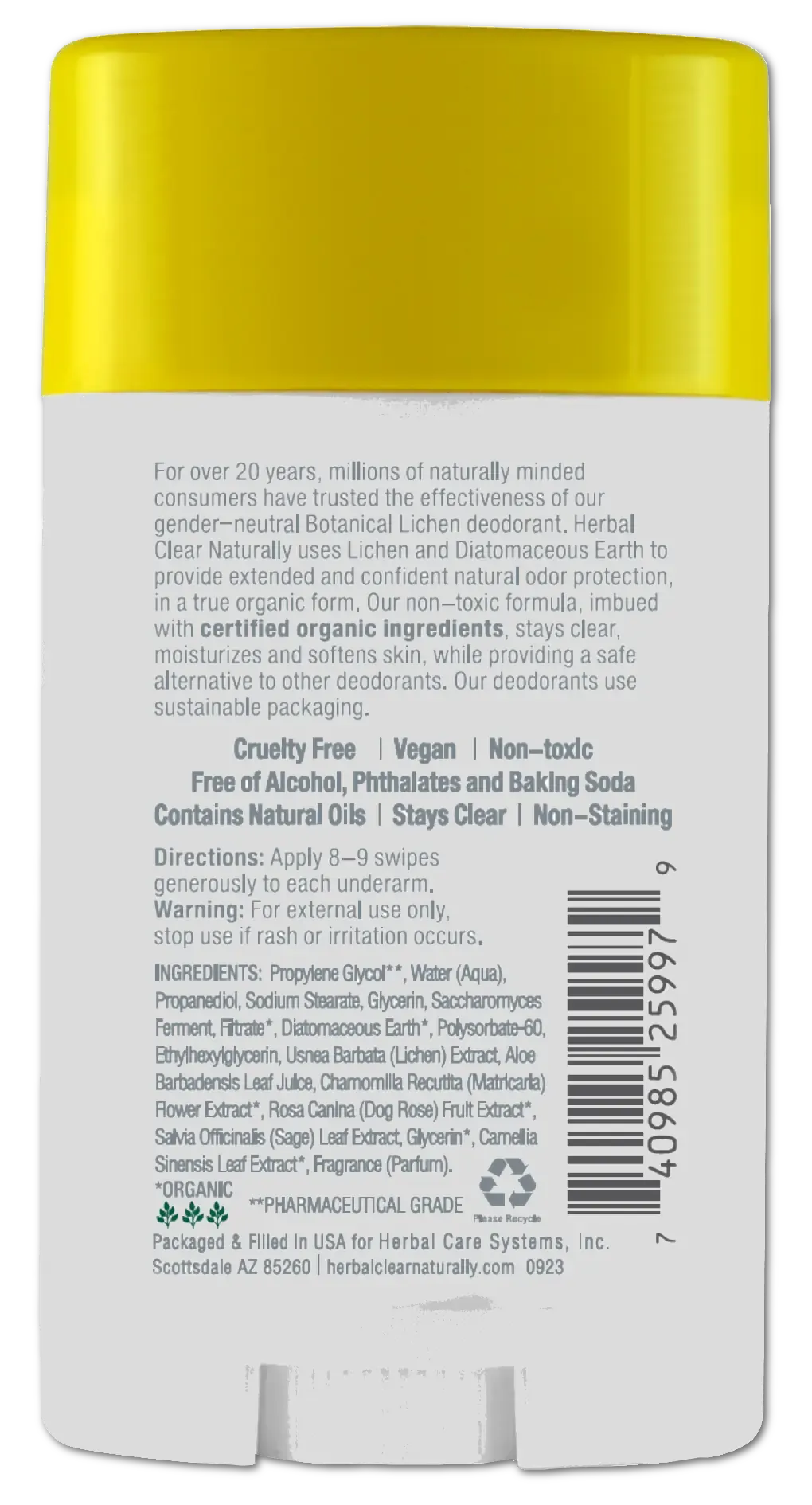 Back label of Herbal Clear Action Sport natural deodorant listing ingredients and directions