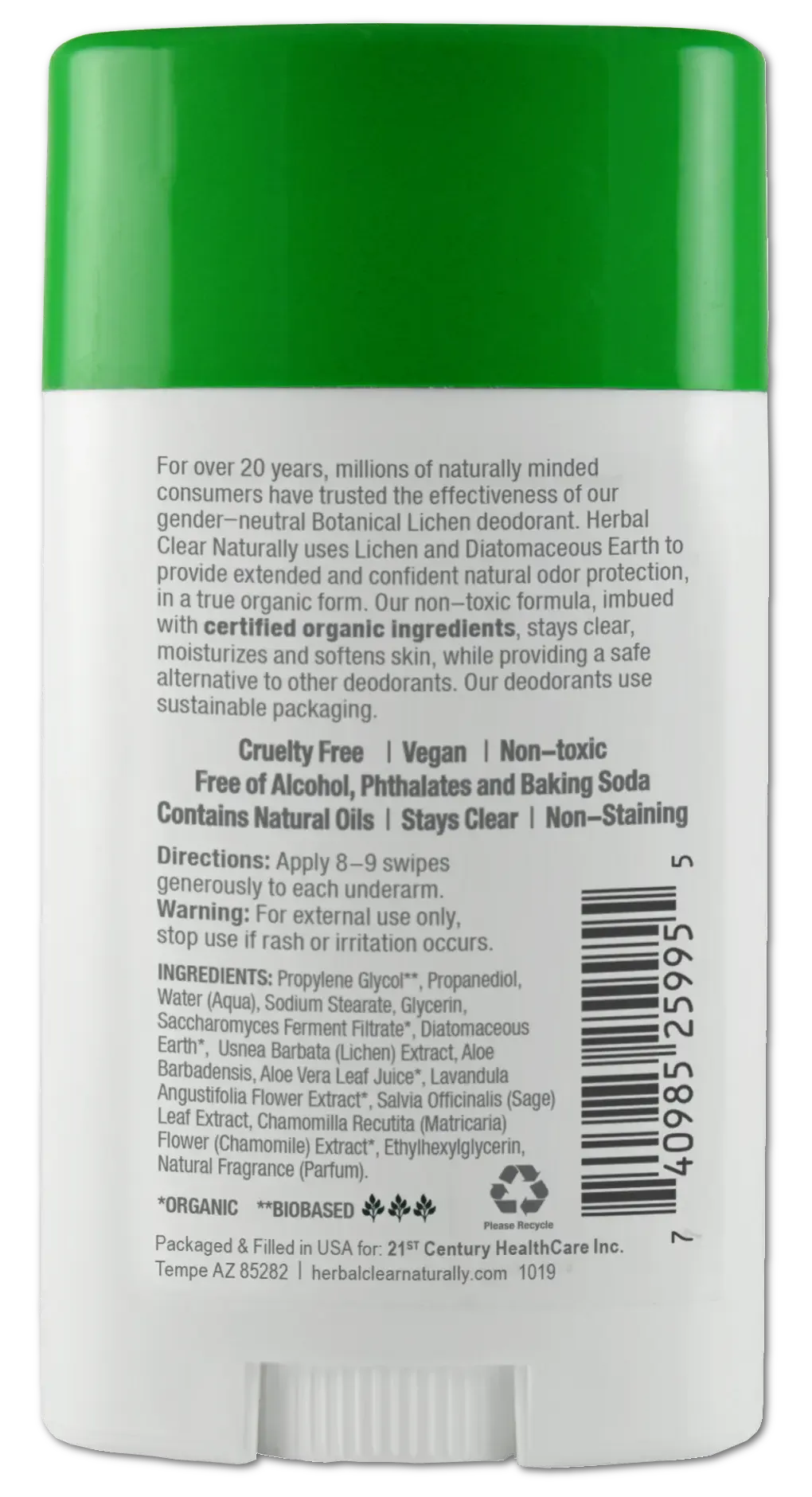 Back label of Herbal Clear Aloe Fresh natural deodorant listing ingredients and directions