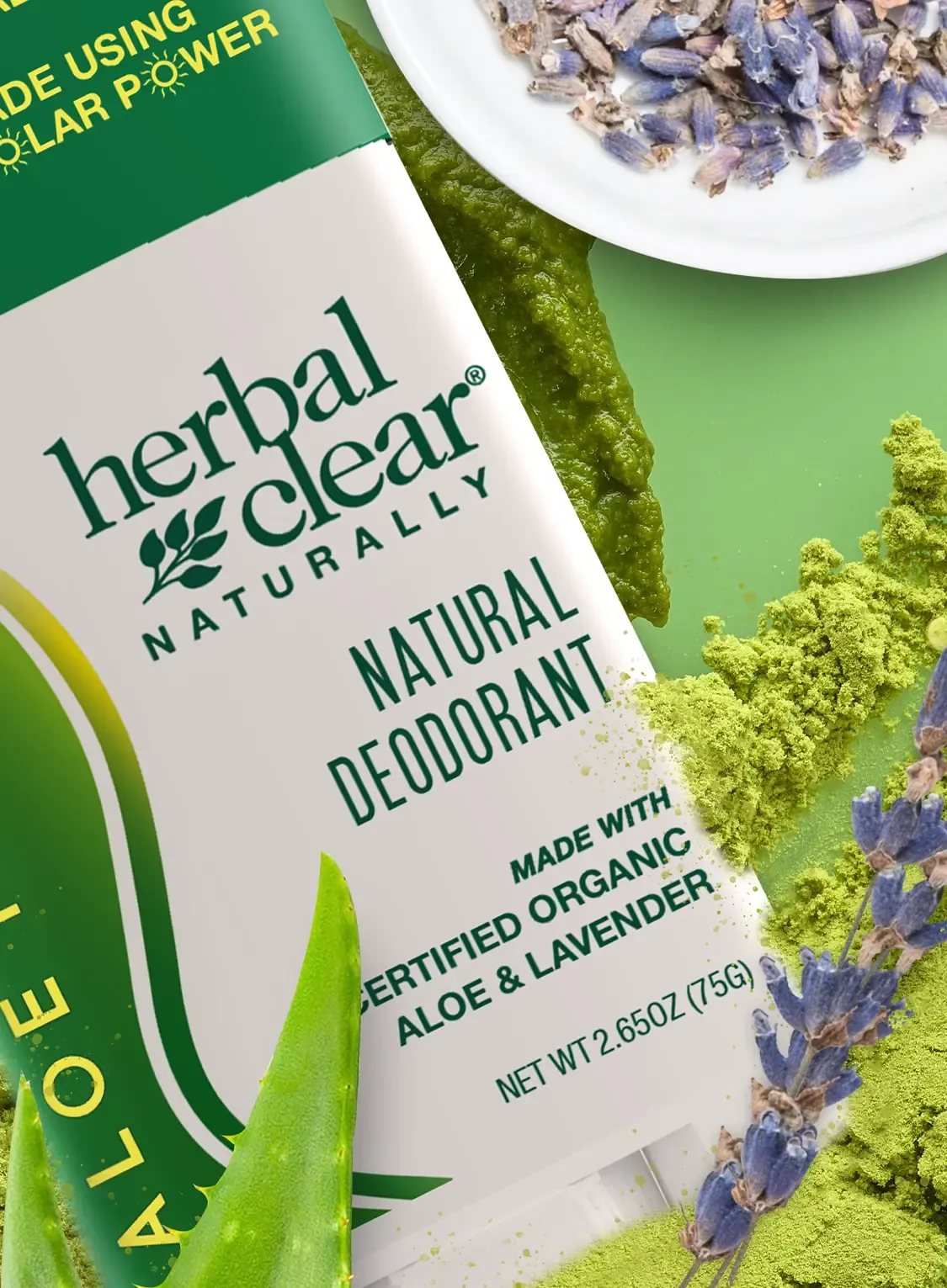 Herbal Clear natural deodorant with aloe, green tea powder and lavender in a flat-lay